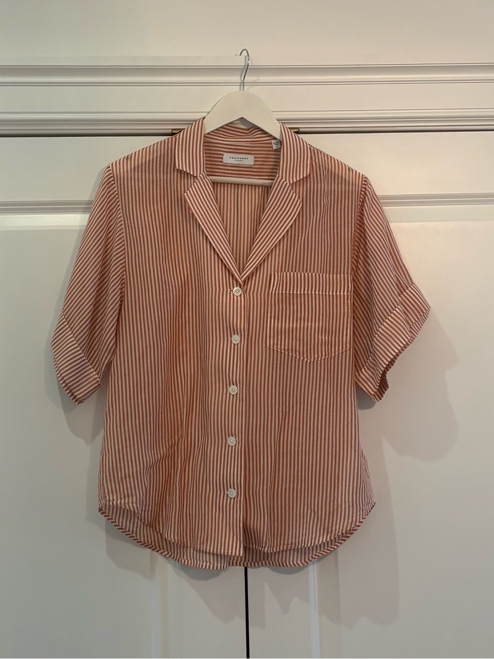 Equipment Striped Button-Down Camp Collar Shirt in Rust and White